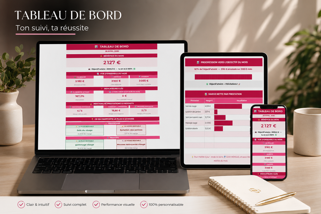 Tableau de Bord Beauté - fichier de gestion de rentabilité pour esthéticienne, institut de beauté et prothésiste ongulaire