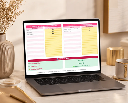 Aperçu du Tableau de Bord Beauté sur ordinateur - dashboard de suivi de rentabilité pour pro de la beauté